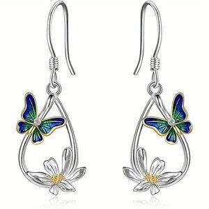 New - Teardrop Shape Butterfly and Flower Hook Dangle Earrings